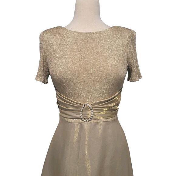 VTG Gold Evening Gown Sz 4 Formal Dress Short Sleeve 90s USA Old Hollywood Glam - Picture 5 of 15